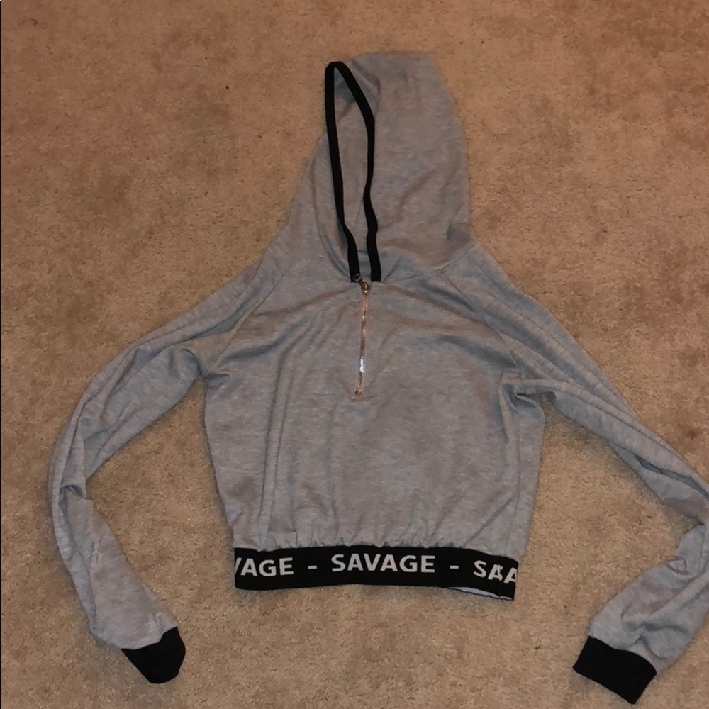 Long Sleeve Cropped Grey “Savage” Outlined Hoodie.